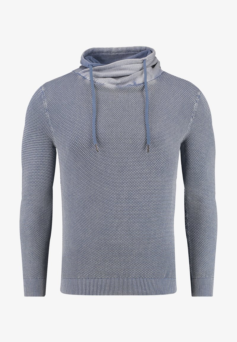 Blue knit pullover with a hood, featuring a textured pattern and drawstrings. Fitted sleeves and a ribbed hem complete the design.