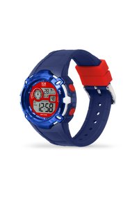 Orologio digitale con cassa e cinturino in silicone blu, dettagli rossi e display bianco. Le funzioni includono allarme, luce e data. Impermeabile fino a 100 metri.