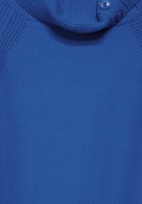 Blaues langärmeliges Oberteil mit einem gerippten Strickkragen, einem glatten Körper und einem Knopfdetail am Kragen. Weicher Textur mit einheitlicher Farbe.