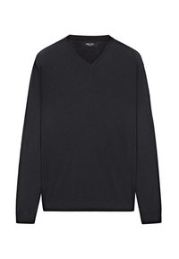Pull noir à col en V avec manches longues, confectionné dans un tissu lisse et léger. Comprend des poignets et un ourlet côtelés, sans motifs ni accents.