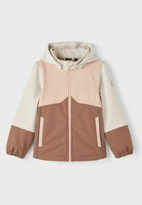 Farbblockierte Jacke mit einem Design in Beige, Creme und Braun. Mit Kapuze, Frontreißverschluss und elastischen Bündchen. Weiche Textur, lässige Passform.