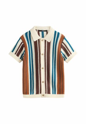 Short-sleeve button-up knit shirt with vertical stripes in cream, brown, rust, teal, and blue, featuring a pointed collar.