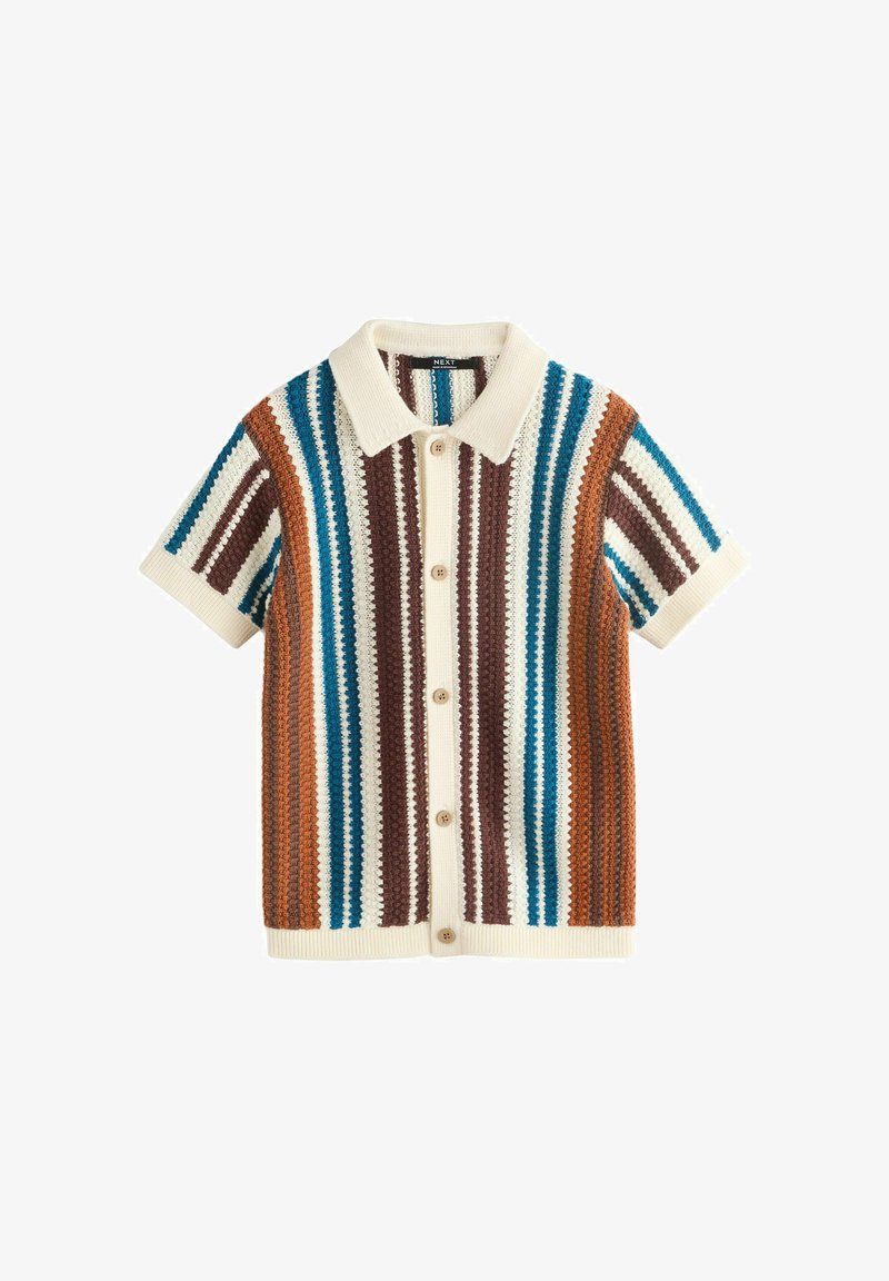 Chemise en maille à manches courtes avec boutons et rayures verticales en crème, marron, rouille, sarcelle et bleu, dotée d'un col pointu.