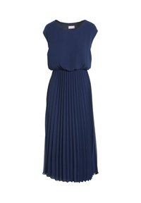 Robe bleu marine avec un haut ample et une jupe plissée, dotée d'un tissu doux et d'un col rond, conçue pour une silhouette fluide.