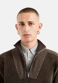 Maglione marrone con zip e strisce verticali testurizzate sul colletto, indossato sopra una camicia a righe azzurre e bianche.