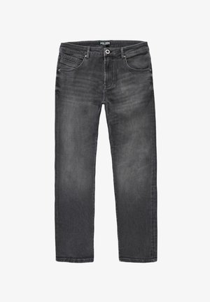 Donkergrijze jeans van denim, met voorzakken, een ritssluiting en stikdetails, met een recht model.