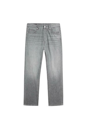 Jean gris uni à jambes droites avec bouton et fermeture éclair à l'avant, design cinq poches et légère décoloration au niveau des cuisses.