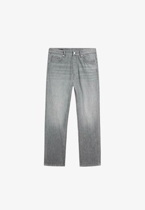 Jean gris uni à jambes droites avec bouton et fermeture éclair à l'avant, design cinq poches et légère décoloration au niveau des cuisses.