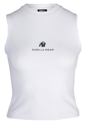 Witte mouwloze crop top gemaakt van rekbaar materiaal, met een zwarte grafiek van een gorilla en de tekst "GORILLA WEAR" eronder.
