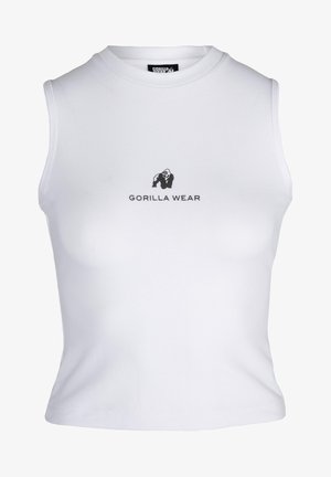 Witte mouwloze crop top gemaakt van rekbaar materiaal, met een zwarte grafiek van een gorilla en de tekst "GORILLA WEAR" eronder.