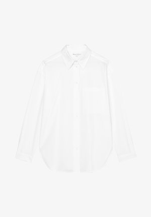 Weißes Langarmhemd aus leichtem Stoff, mit Button-Down-Kragen, Brusttasche und abgerundetem Saum.