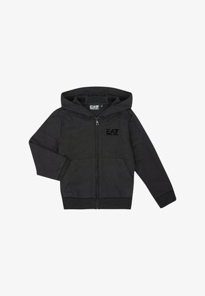 Felpa con cappuccio nera in tessuto morbido, con zip frontale, tasche a marsupio e un piccolo logo in rilievo sul petto a sinistra.