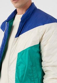 Primo piano di un uomo che indossa un giubbotto a blocchi di colore con pannelli blu, bianchi e verdi sopra un maglione bianco.