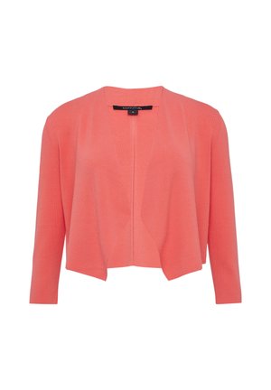 Cardigan en tricot corail avec un large devant ouvert, des manches trois-quarts et un motif texturé au centre. Matière douce et légère.