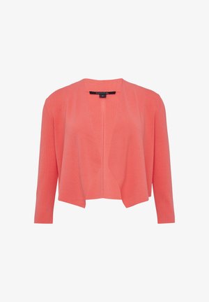 Cardigan en tricot corail avec un large devant ouvert, des manches trois-quarts et un motif texturé au centre. Matière douce et légère.