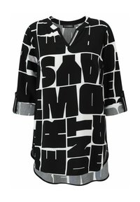 Schwarz-weiß bedrucktes Oberteil mit V-Ausschnitt, 3/4-Ärmeln und abgerundetem Saum. Verfügt über kräftige Schriftmuster und graue Akzente an den Ärmeln.