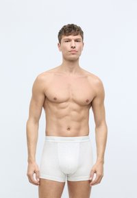 Calvin Klein gaiši pelēki bokseru šorti ar maigu tekstūru, elastīgu jostasvietu ar zīmola logo un pieguļošu dizainu. Modelis demonstrē piegriezumu.