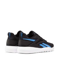 Black athletic shoes with blue accents, mesh material, textured surface, padded collar, and a white rubber sole featuring a tread pattern.
