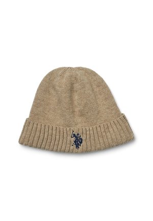 Bonnet beige tricoté avec revers côtelé plié et petit logo de joueur de polo brodé bleu foncé au centre devant.
