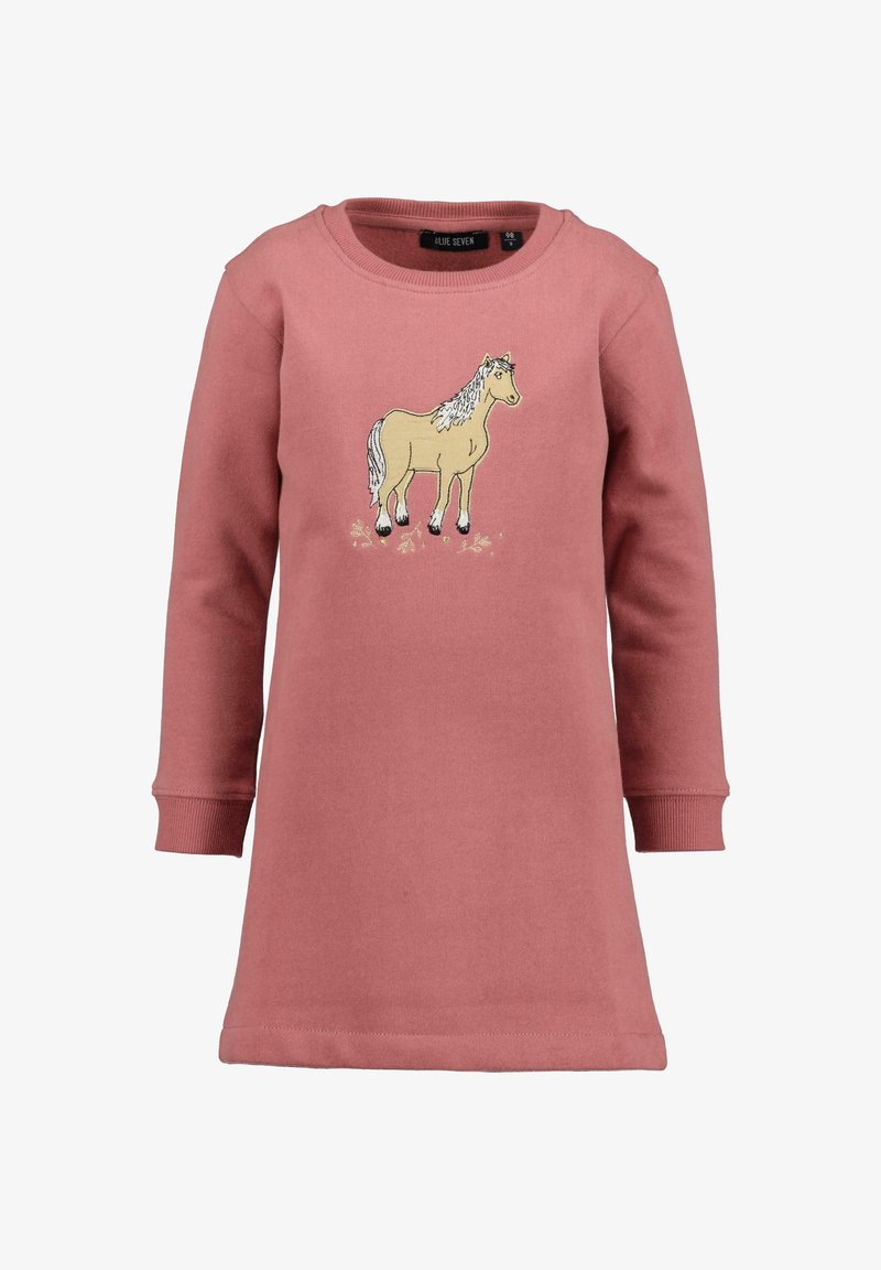Robe enfant à manches longues rose poudré avec une illustration de cheval beige et des détails floraux sur la poitrine.