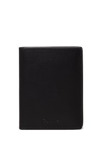 Black leather wallet featuring a smooth texture, folded design, and minimal stitching. Logo embossed at the bottom.