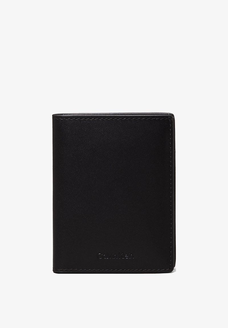 Black leather wallet featuring a smooth texture, folded design, and minimal stitching. Logo embossed at the bottom.