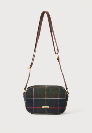 Väike ristikkott, ruudukujuline, roheline, tumesinine ja punane tartan muster, pruun reguleeritav rihm ning kuldne Barbouri logo plaat ees.
