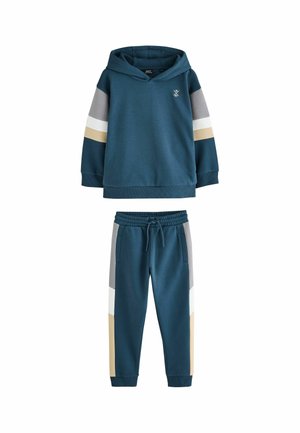 Dark teal blue kids' hoodie and sweatpants set with grey, white, and beige color-block stripes on sleeves and pant legs.