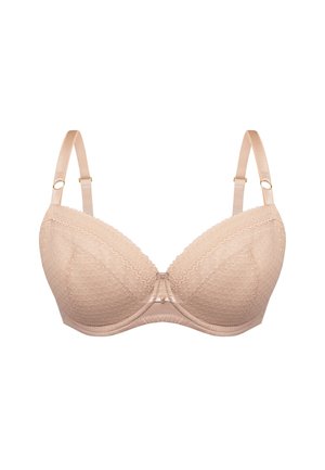 Nudziasty koronkowy biustonosz z gładkim wykończeniem, z fiszbinami, usztywnianymi miseczkami, ozdobnymi falbankami i regulowanymi ramiączkami z złotymi akcentami.