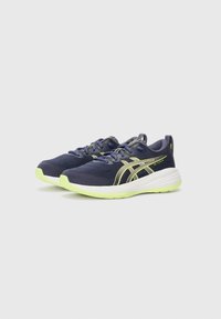 Navy running shoes with a mesh upper, lime green accents, and white outsole. Features contrasting laces and side logo detail.
