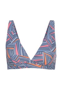 Trikampė bikini viršutinė dalis su daugiaspalviu geometriniu raštu mėlynos, rožinės ir oranžinės spalvų. Pagaminta iš tamprios medžiagos, turi plačius pečių dirželius.