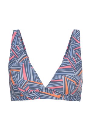 Trójkątny biustonosz bikini w wielokolorowy geometrczny wzór w odcieniach niebieskiego, różowego i pomarańczowego. Wykonany z elastycznego materiału, z szerokimi ramiączkami.
