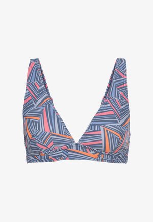 Trójkątny biustonosz bikini w wielokolorowy geometrczny wzór w odcieniach niebieskiego, różowego i pomarańczowego. Wykonany z elastycznego materiału, z szerokimi ramiączkami.