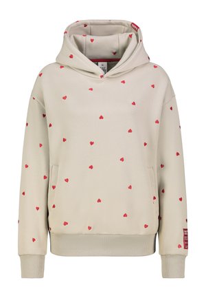 Beige hooded sweatshirt with scattered small red heart patterns, front pockets, ribbed cuffs, and waistband.
