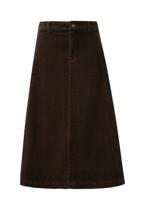 Jupe A-line en velours côtelé marron foncé avec passants de ceinture et fermeture à boutons sur le devant.