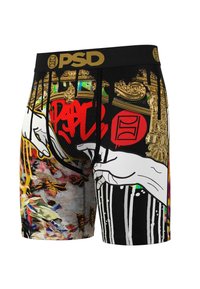 Sorte og flerfargede boksershorts med en gullfarget logo i livet, abstrakte mønstre, hender og drypp i livlige farger mot en teksturert bakgrunn.
