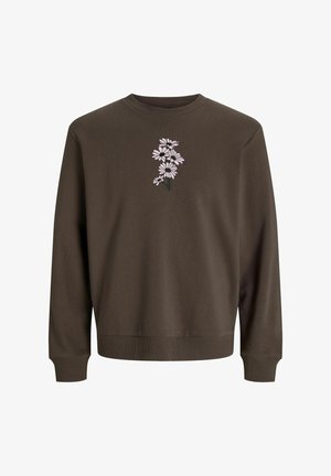 Brūns džemperis ar apaļu kakla izgriezumu un garām piedurknēm, ar rozā ziedu izšuvumu centrā priekšpusē. Mīksts materiāls ar ribotām piedurkņu malām.