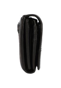 Portafoglio in pelle nera con design pieghevole, dotato di più slot per carte, una tasca con zip e una texture liscia. Cuciture visibili.
