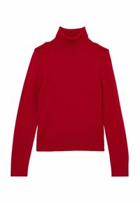 Maglione turtleneck rosso realizzato in tessuto a maglia, con design aderente e bottoni sulle spalle. Texture liscia, maniche lunghe e orlo dritto.