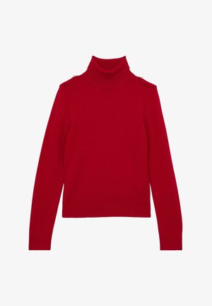 Červený svetér s rolákom vyrobený z pleteného materiálu, s priliehavým strihom a gombíkmi na pleciach. Hladká textúra s dlhými rukávmi a rovno strihaným lemom.