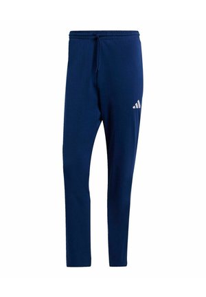 Navy blue athletic pants with elastic waistband and drawstring, featuring small white Adidas logo on upper thigh.