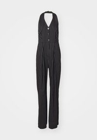 Svarte pinstripes jumpsuit med halterneck, dyp V-utskjæring, to knapper og vide ben; laget av et glatt stoff med en strukturert passform.