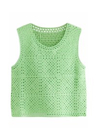 Groen cropped haak tanktop met een textuurpatroon en open gaasdetails, voorzien van een ronde halslijn. Lichtgewicht stof.