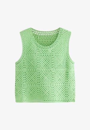 Zöld cropped, horgolt tank top, amely texturált mintázattal és nyitott hálós részletekkel rendelkezik, kerek nyakkivágással. Könnyű anyag.