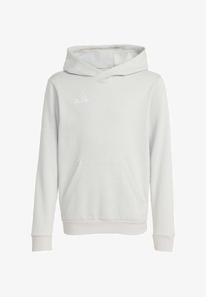 Felpa con cappuccio grigio chiaro con tasca a marsupio frontale. Presenta un logo ricamato bianco sul petto e polsini e orlo a coste.