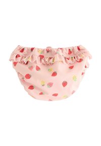 Vaippau swim pinkki, jossa on frilliyksityiskohtainen vyötärö ja värikäs mansikkakuosi, valmistettu pehmeästä ja joustavasta kankaasta.