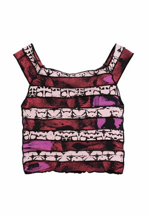 Ärmelloses Crop-Top mit breiten Trägern, das horizontale Streifen in Rot, Rosa, Lila und Schwarz mit abstrakten und herzförmigen Mustern aufweist.