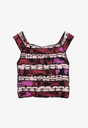 Top corto senza maniche con spalline larghe, caratterizzato da strisce orizzontali in rosso, rosa, viola e nero con motivi astratti e a forma di cuore.