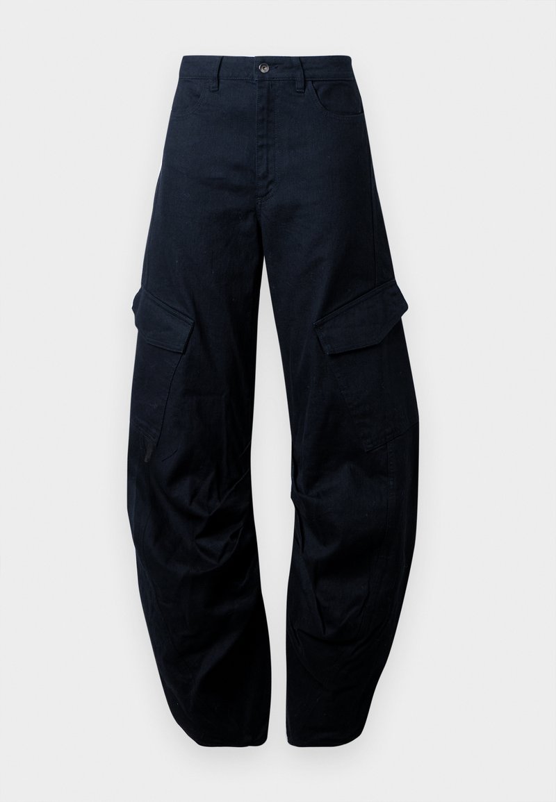 Baggy cargobroek in diep marineblauw, gemaakt van katoen. Kenmerken zijn onder andere grote zijzakken, een knoopsluiting en een taps toelopend beenontwerp.