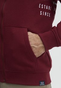 Bordeaux zip-up hette laget av mykt materiale, har kengurulomme, ribbede mansjetter, og "ETABLERT SIDENT" trykt foran.